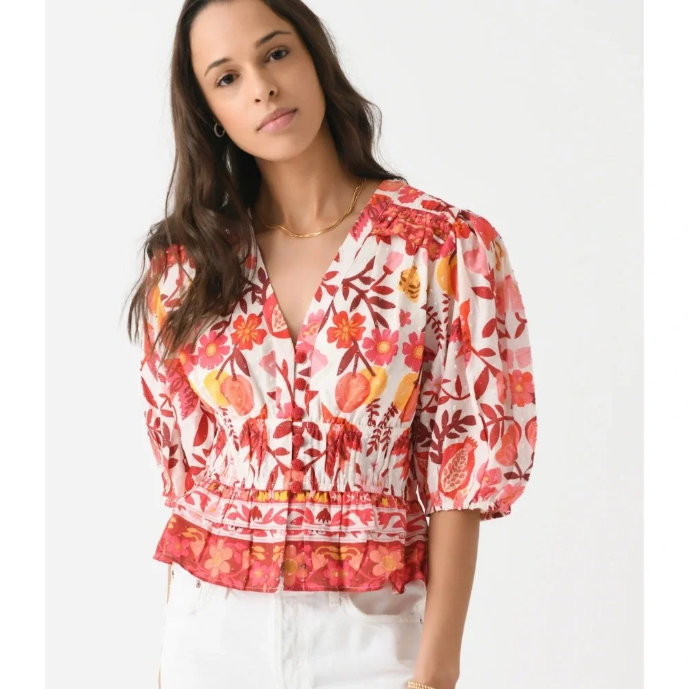 Farm Rio Orchard Cropped Blouse Size Medium Romantic Puff Sleeve Floral